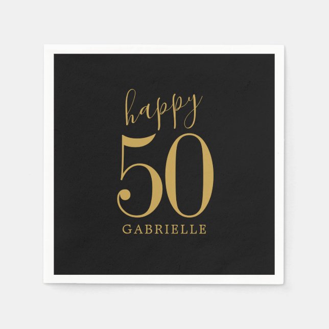 Happy Birthday Gold Black Custom Age Name Napkins (Front)
