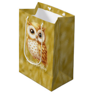 Happy Birthday Gold Color Owl on Gold Medium Gift Bag