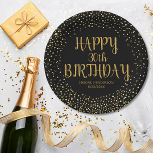 Happy Birthday Gold Glitter Any Year Custom Black Paper Plates