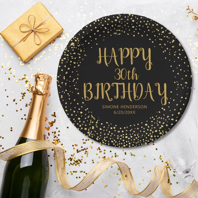 Happy Birthday Gold Glitter Any Year Custom Black Paper Plates (Creator Uploaded)