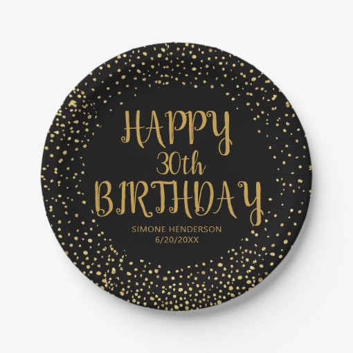 Happy Birthday Gold Glitter Any Year Custom Black Paper Plates | Zazzle