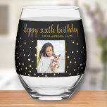 Happy Birthday Gold Glitter Photo Any Year Custom  Stemless Wine Glass<br><div class="desc">Celebrate a big birthday with this fun wine glass featuring the birthday girl's photo,  2 custom lines of text all set against a faux gold glitter confetti background. Easily change the black background to another color. Fun and festive - perfect for any birthday celebration.</div>