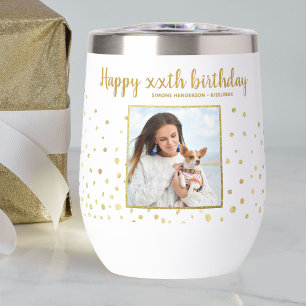 Happy Birthday Gold Glitter Photo Any Year Custom  Thermal Wine Tumbler