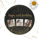 Happy Birthday Gold Glitter Photos Any Year Custom Paper Plates<br><div class="desc">Celebrate a big birthday with these fun paper plates featuring 3 photos of the birthday girl/boy,  2 custom text headlines,  all set against a black background accented with faux gold glitter confetti sparkles.  Fun and festive - perfect for any birthday celebration.</div>
