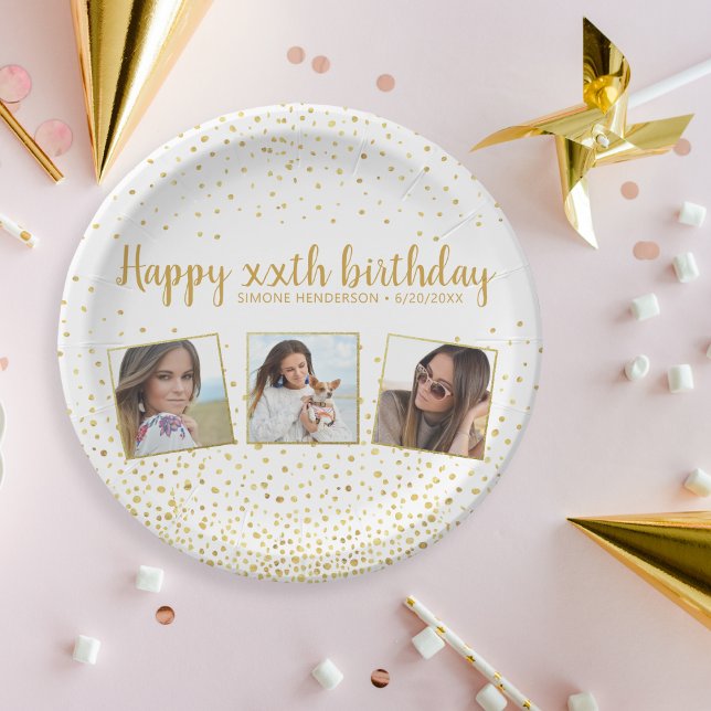 Happy Birthday Gold Glitter Photos Any Year Custom Paper Plates (Creator Uploaded)