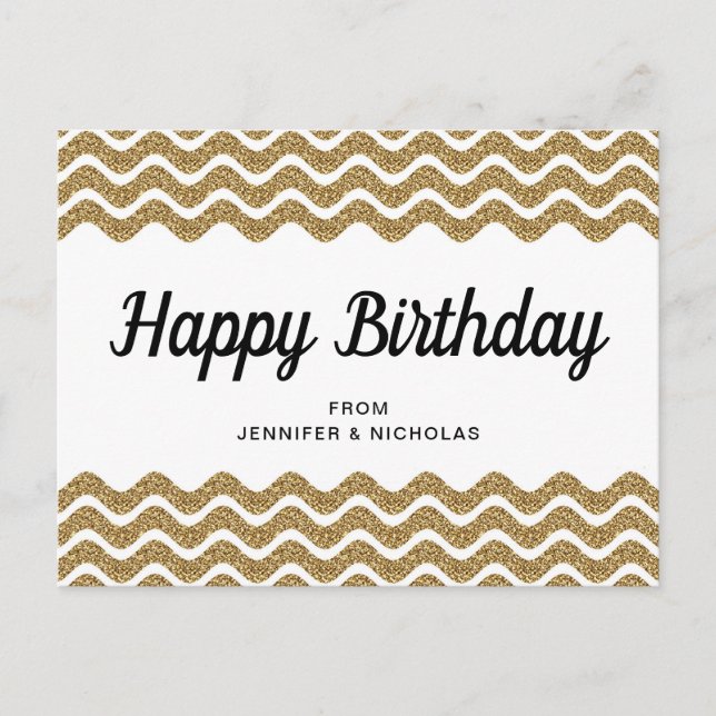 Happy Birthday Gold Glitter White Chevron Stripes Postcard (Front)