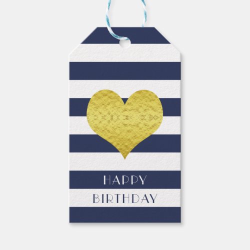 Happy Birthday Gold Heart Blue White Stripes Gift Tags
