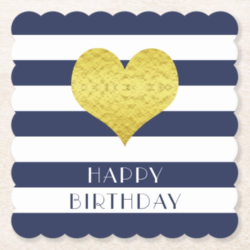 Happy Birthday Gold Heart Blue White Stripes Paper Coaster