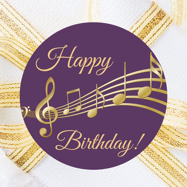 Happy Birthday gold music notes on elegant purple Classic Round Sticker (Creator Uploaded)