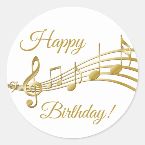 Happy Birthday gold music notes white Classic Round Sticker