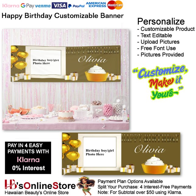 Happy Birthday Gold Party Supplies Cupcake 5 Banner (Happy Birthday Gold Party Supplies Celebrate Cupcake Presents 5.)