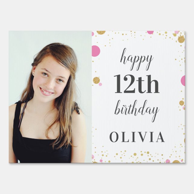 Happy Birthday Gold Pink Confetti Outdoor Yard Sign (Back)