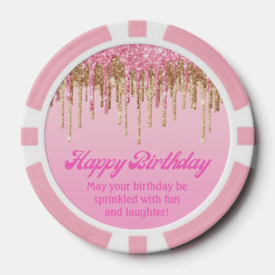 happy birthday gold pink dripping glitters stylish poker chips