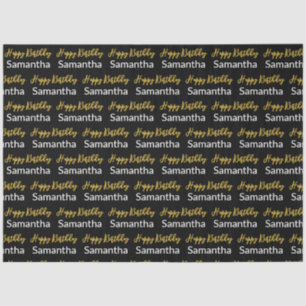 Happy Birthday Gold Script Black and White Name Tissue Paper