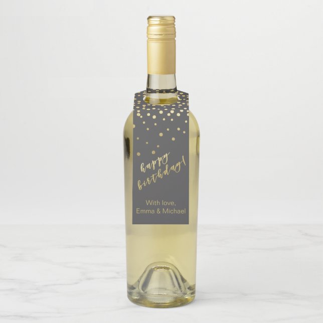 Happy Birthday - Gold Script & Confetti Bottle Hanger Tag (On Bottle)