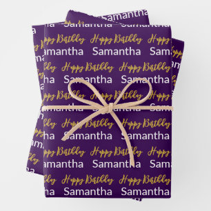 Happy Birthday Gold Script Dark Purple White Name Wrapping Paper Sheets