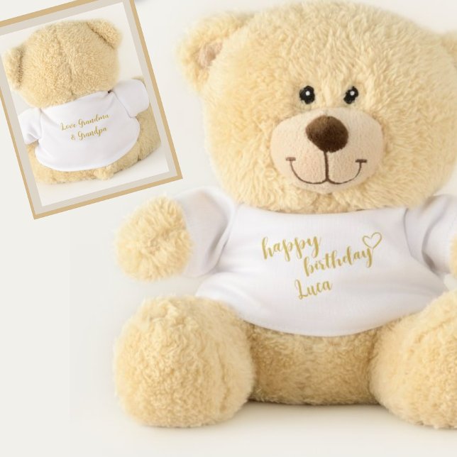 HAPPY BIRTHDAY GOLD SCRIPT HEART PERSONALIZED NAME TEDDY BEAR (Creator Uploaded)