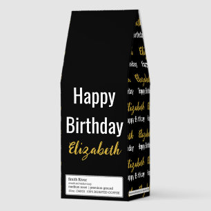 Happy Birthday Gold Script Name Black and White Roasted Coffee