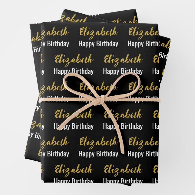 Happy Birthday Gold Script Name Black and White Wrapping Paper Sheets (In situ)