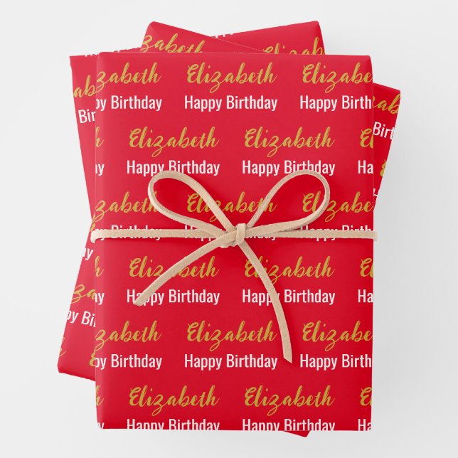 Happy Birthday Gold Script Name Bright Red & White Wrapping Paper Sheets (In situ)