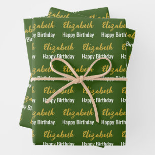 Happy Birthday Gold Script Name Dark Green & White Wrapping Paper Sheets