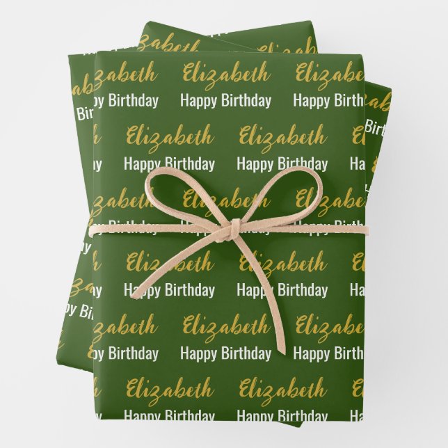 Happy Birthday Gold Script Name Dark Green & White Wrapping Paper Sheets (In situ)