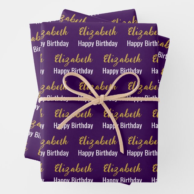 Happy Birthday Gold Script Name Dark Purple White Wrapping Paper Sheets (In situ)