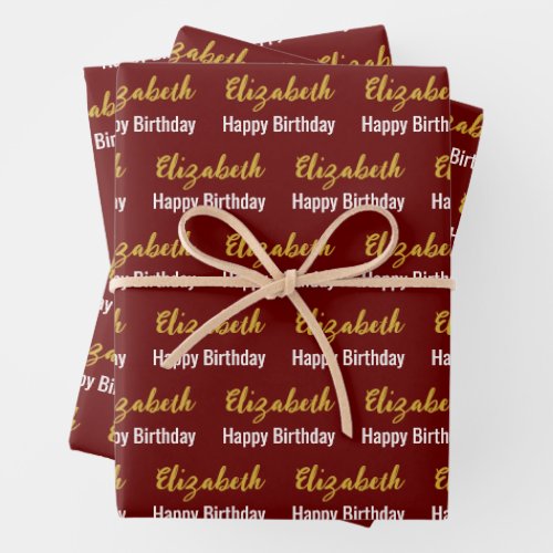 Happy Birthday Gold Script Name Dark Red  White Wrapping Paper Sheets