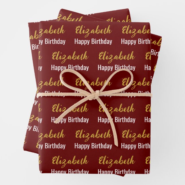 Happy Birthday Gold Script Name Dark Red & White Wrapping Paper Sheets (In situ)