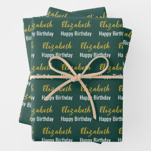 Happy Birthday Gold Script Name Deep Green Wrapping Paper Sheets
