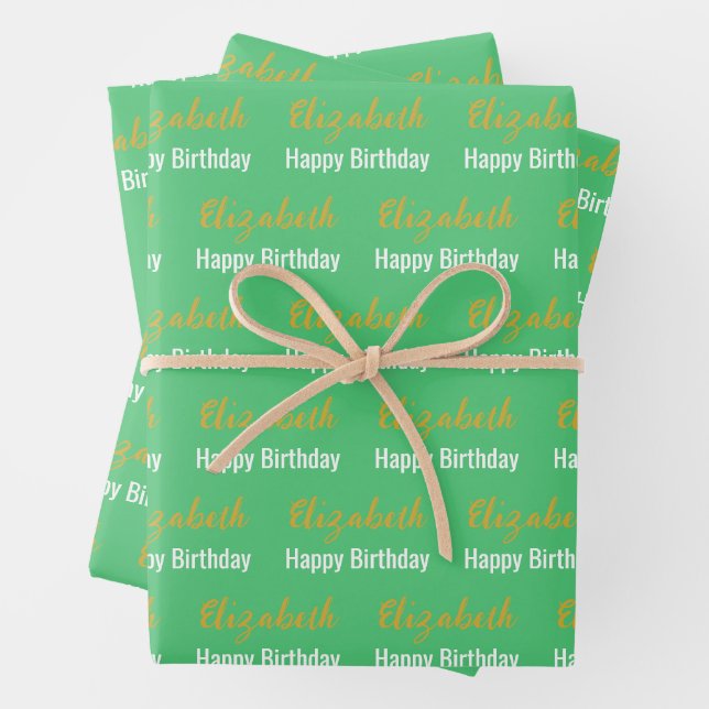 Happy Birthday Gold Script Name Emerald Green Wrapping Paper Sheets (In situ)