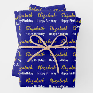 Happy Birthday Gold Script Name Navy Blue & White Wrapping Paper Sheets