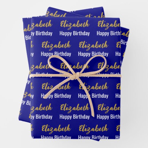 Happy Birthday Gold Script Name Navy Blue  White Wrapping Paper Sheets