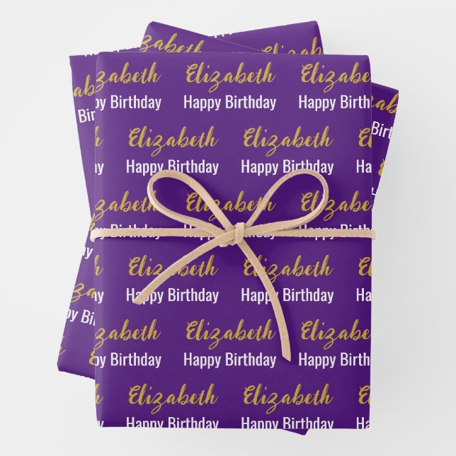 Happy Birthday Gold Script Name Purple & White Wrapping Paper Sheets (In situ)