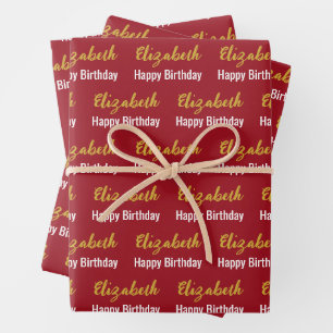 Happy Birthday Gold Script Name Ruby Red Wrapping Paper Sheets