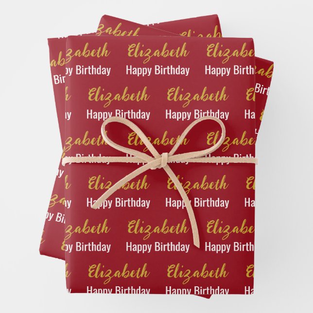 Happy Birthday Gold Script Name Ruby Red Wrapping Paper Sheets (In situ)