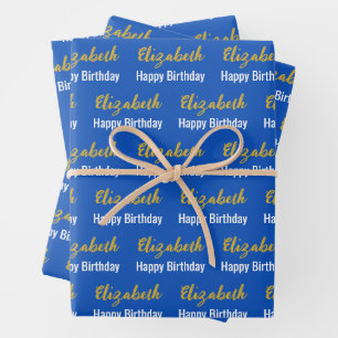 Happy Birthday Gold Script Name Sapphire Blue Wrapping Paper Sheets