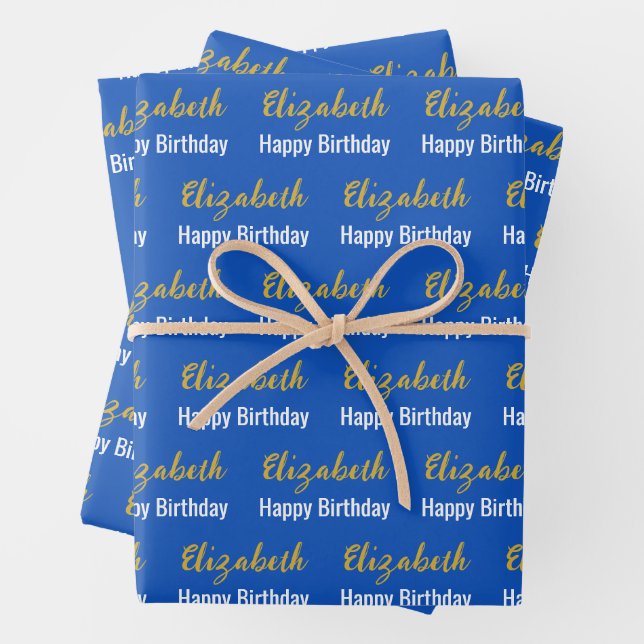 Happy Birthday Gold Script Name Sapphire Blue Wrapping Paper Sheets (In situ)