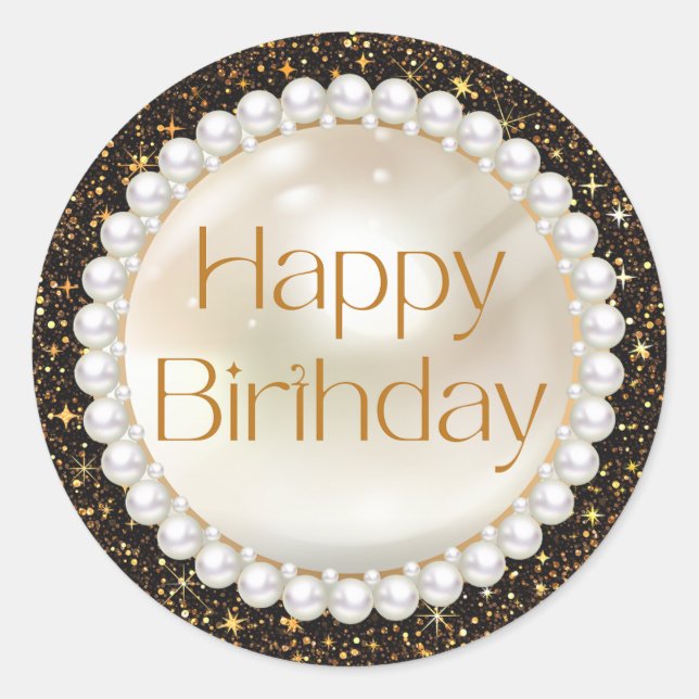 happy birthday gold script pearls black glitters  classic round sticker (Front)
