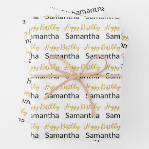 Happy Birthday Gold Script White Black Name Wrapping Paper Sheets