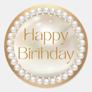 happy birthday gold script white pearls luxury classic round sticker