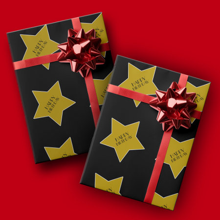 Happy Birthday Gold Stars Hollywood Theme Wrapping Paper