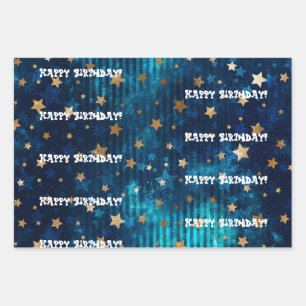 Happy Birthday! Gold Stars Wrapping Paper Sheets