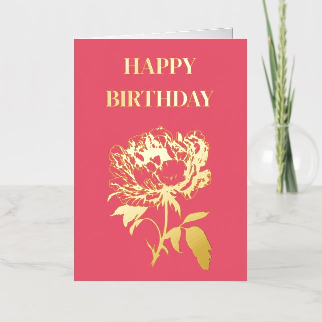 Happy Birthday Golden Peony Foil Greeting Card (Front)