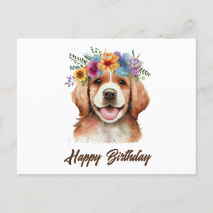 Happy Birthday Golden Retriever Dog and Flowers Postcard