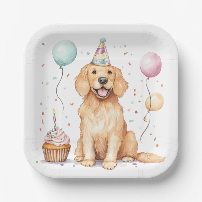 Happy Birthday Golden Retriever Dog Paper Plates (Front)