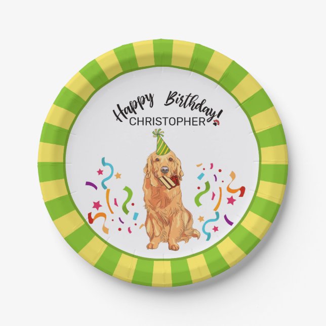 Happy Birthday Golden Retriever  Dog  Party Paper Plates (Front)