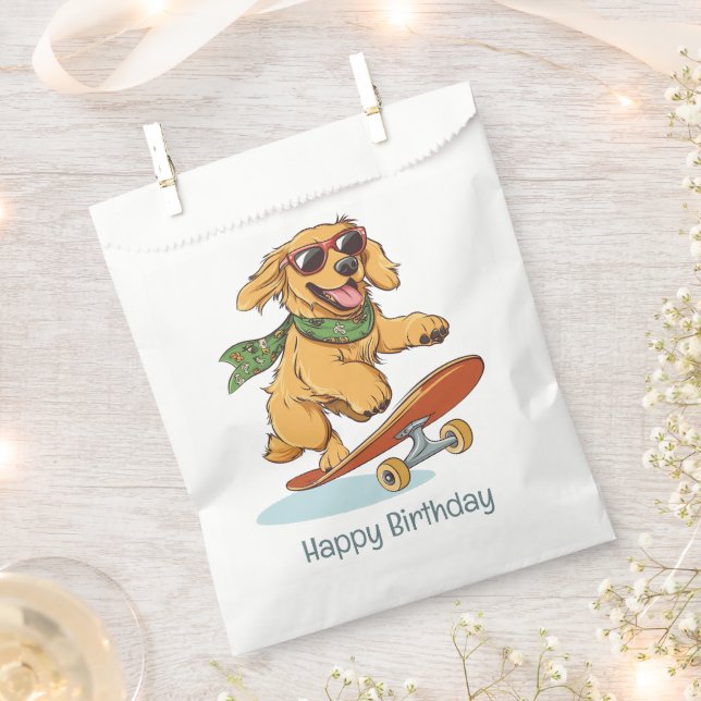 Happy Birthday Golden Retriever Dog Skateboarding Favor Bag (Clipped)