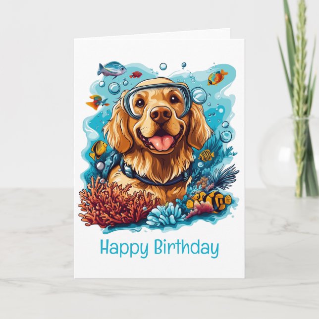 Happy Birthday Golden Retriever Dog Snorkeling Card (Front)