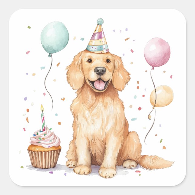 Happy Birthday Golden Retriever Dog Square Sticker (Front)